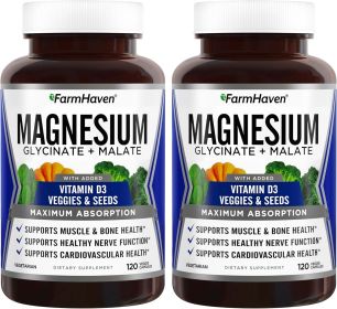 Magnesium Glycinate & Malate Complex w/Vitamin D3, 100% Chelated for Max Absorption- Bone Health, Nerves, Muscles, 240 Capsules, 120 Days