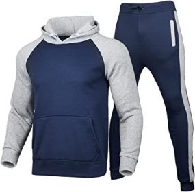 Men's Athletic Sweatshirt Tracksuit Pullover Hoodie Jogging Pants 2 Pieces Set (Color: BLUE-L)