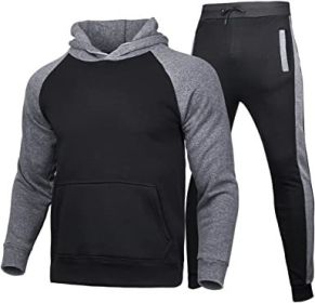 Men's Athletic Sweatshirt Tracksuit Pullover Hoodie Jogging Pants 2 Pieces Set (Color: BLACK-M)