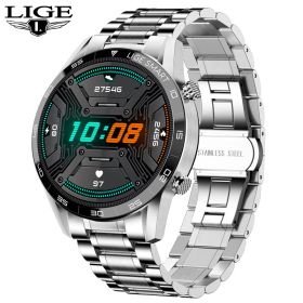 LIGE New BW0189 PRO Smart Watch Men Bluetooth Call Watch IP67 Waterproof Sports Fitness Watch For Android IOS Men Smart Watch (Color: steel strip silver, Ships From: China)