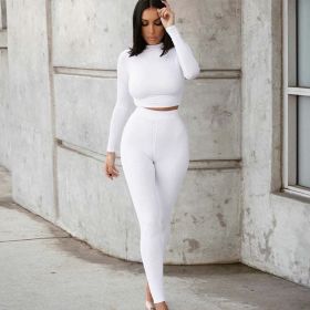 fashion tracksuit women turtleneck full sleeveless crop top+leggings matching set stretchy sporty fitness casual outfits (Color: White, size: L)